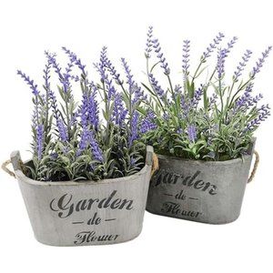 Artificial Lavender Plants in Rustic Wooden Planters Faux Silk Purple Flowers